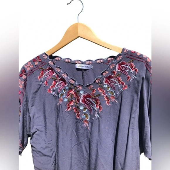 Misslook Embroidered Gray Short Sleeve Top V Neck Boho Blouse Size L - Picture 4 of 11
